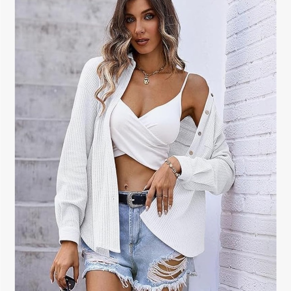 HOTTOUCH M NWT CORDUROY White Button-Up Ribbed TUNIC SHACKET Top - Picture 5 of 9